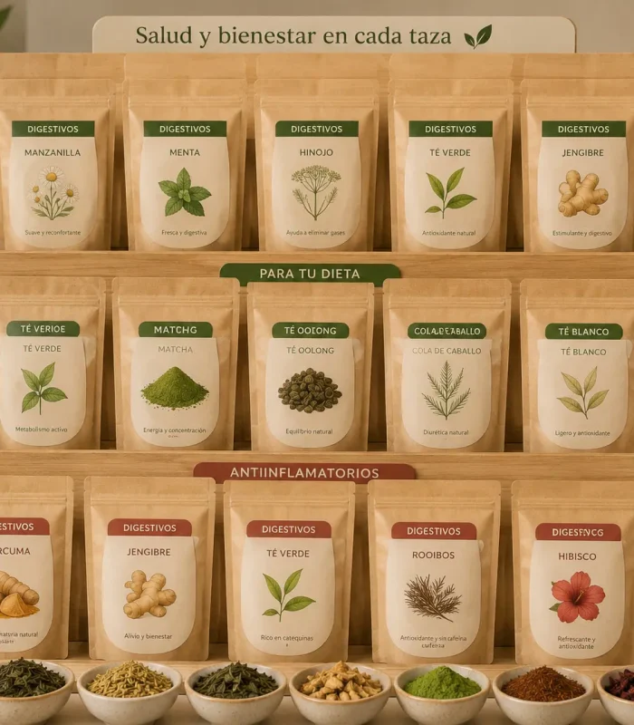 Expositor de tés e infusiones naturales con variedades digestivas, para dieta y antiinflamatorias en bolsas kraft.