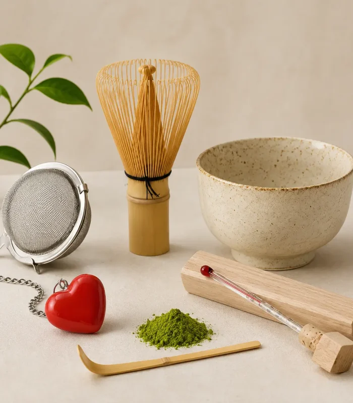 Utensilios para preparar té matcha: batidor de bambú, cuenco, colador, cuchara y termómetro
