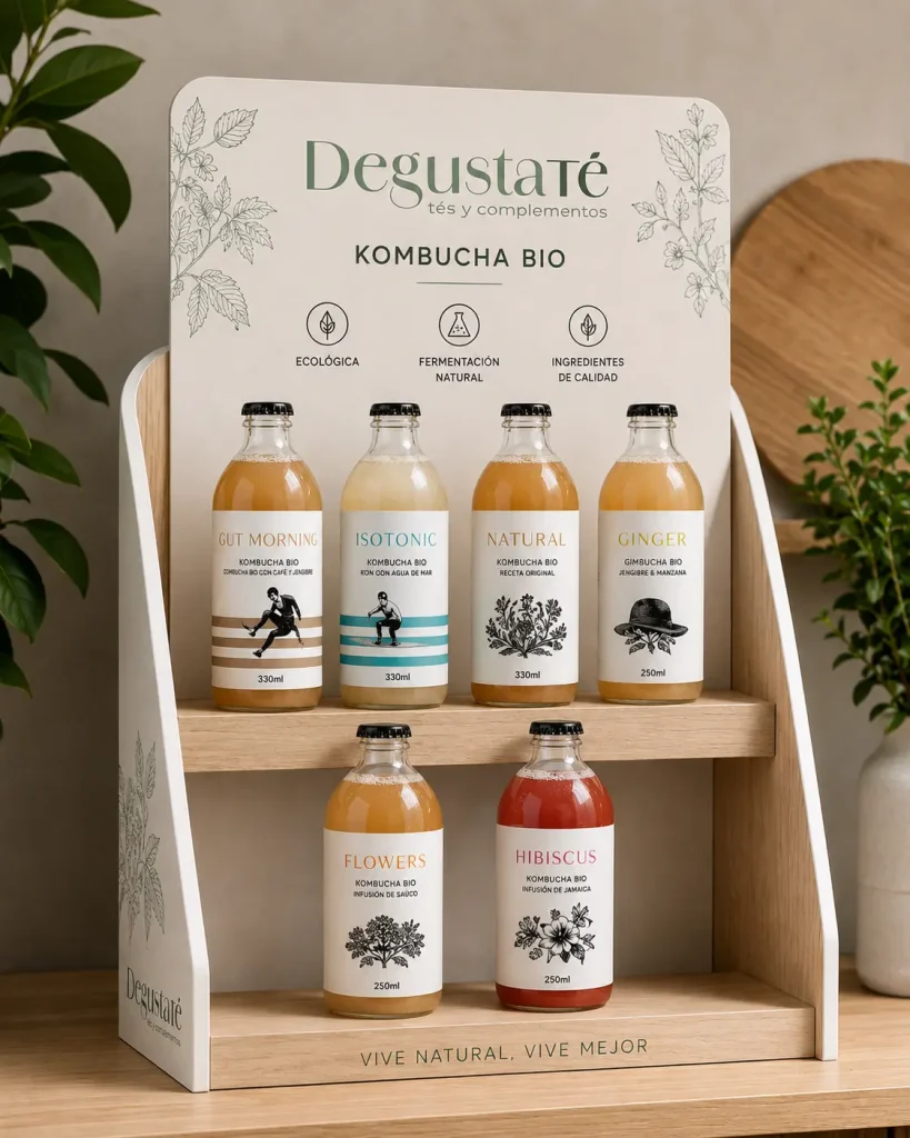 Botellas de kombucha orgánica y natural