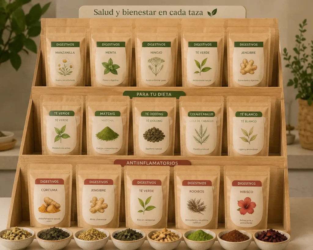 Expositor de tés e infusiones naturales con variedades digestivas, para dieta y antiinflamatorias en bolsas kraft.
