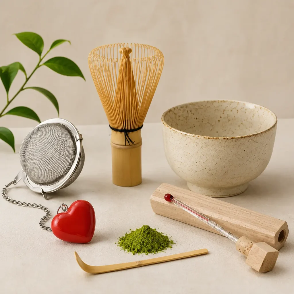 Utensilios para preparar té matcha: batidor de bambú, cuenco, colador, cuchara y termómetro